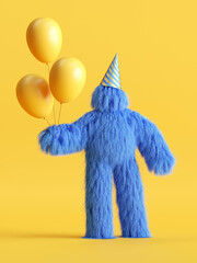 3d render, funny hairy blue monster holds air balloons, Yeti cartoon character celebrating birthday. Festive clip art isolated on yellow background © NeoLeo
