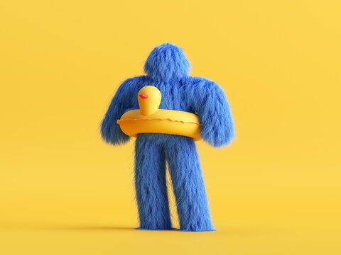 3d Render, Funny Yeti Cartoon Character Wears Safety Lifebuoy In The Shape Of A Duck. Funny Toy, Hairy Blue Monster Clip Art Isolated On Yellow Background