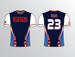 The wavy pattern on the sides stars filled dark blue red white color combination jersey template for team gear