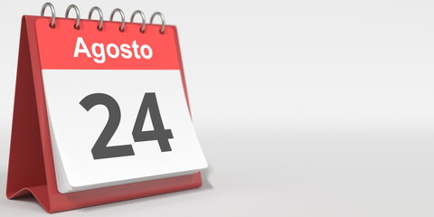 August 24 date written in Spanish on the flip calendar, 3d rendering