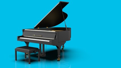 Black-Gold Grand Piano under blue background. 3D illustration. 3D high quality rendering. 3D .