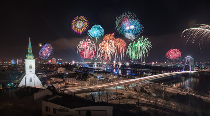 New Year Celebration. Fireworks on Danube River in Bratislava, Slovakia.