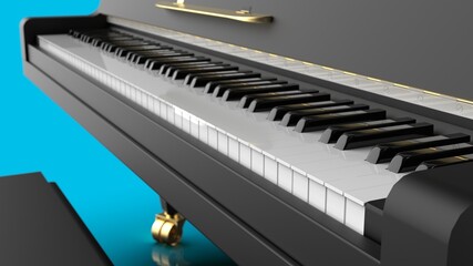 Black-Gold Grand Piano under blue background. 3D illustration. 3D high quality rendering. 3D .