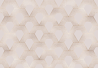 Geometric seamless pattern with gold glitter hexagon tiles in art deco style.