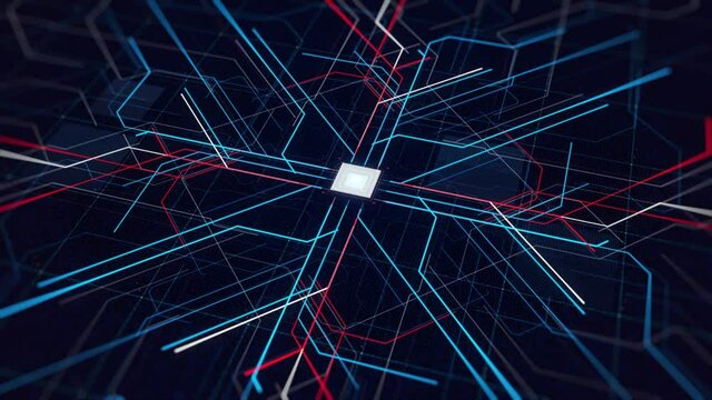 Electric impulses running into computer circuit board, data procession. Animation. Digital data , colorful impulses running from the central pointinto all the sides.