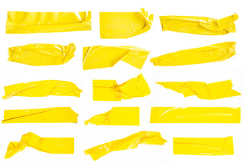 Set of yellow tapes on white background. Torn horizontal and different size yellow sticky tape, adhesive pieces. - 392747999