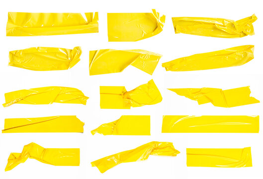 Set of yellow tapes on white background. Torn horizontal and different size yellow sticky tape, adhesive pieces.