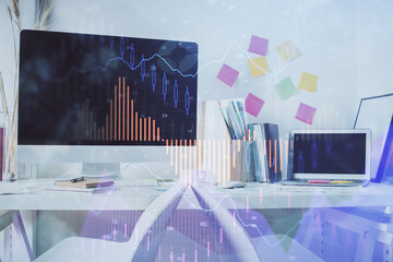 Double exposure of financial graph drawing and office interior background. Concept of stock market.