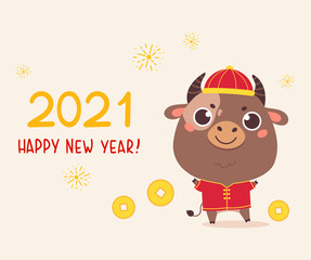Happy Chinese new year greeting card 2021.Funny animal in the Chinese zodiac.Bull zodiac symbol of the year.Chinese New Year character design concept.Cute ox in traditional costume.Vector illustration