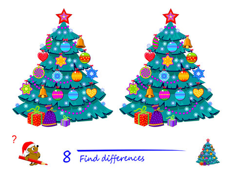 Find 8 differences. Illustration of Christmas tree. Logic puzzle game for children and adults. Brain teaser book for kids. Play online. Developing counting skills. IQ test. Memory training for seniors