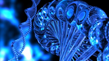 Science Molecular Glass DNA Model Structure under blue flash light. 3D illustration. 3D CG. 3D high quality rendering.