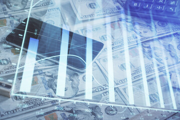 Double exposure of forex graph drawing over us dollars bill background. Concept of financial markets.