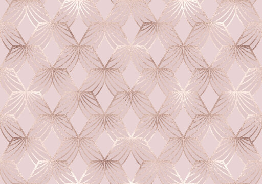 Art deco seamless pattern with rose gold hexagon tiles.