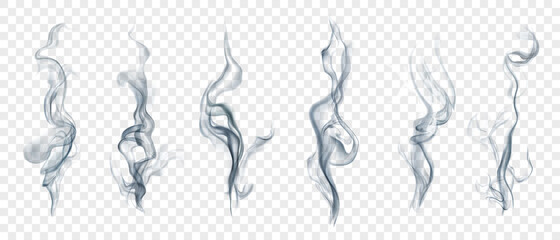 Set of several realistic transparent smoke or steam in white and gray colors, for use on light background. Transparency only in vector format
