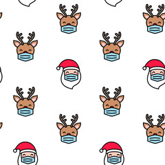 Funny Santa Claus reindeer with face mask seamless pattern