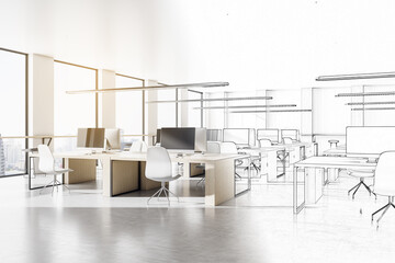 Drawn modern office interior with city view and daylight.