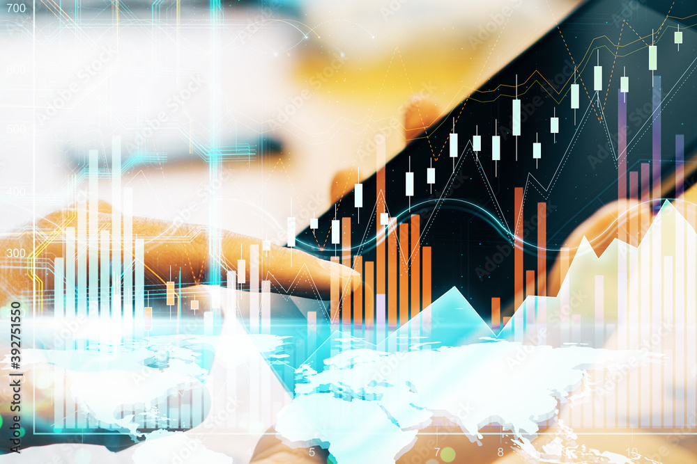 Poster hand using tablet with business charts and world map hologram. finance and trade c