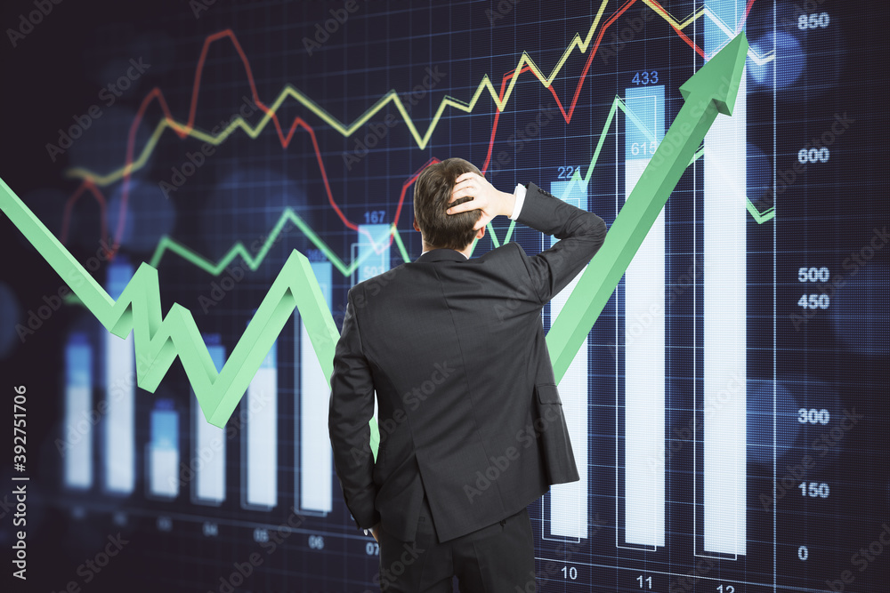 Poster businessman looking on business report interface on virtual screen.