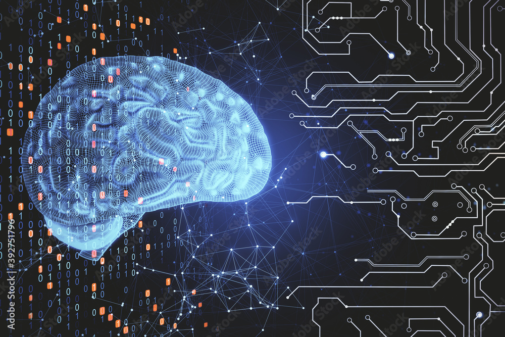 Poster digital blue ai brain on polygonal connection background
