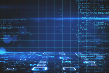 Glowing binary code with digital programming interface.