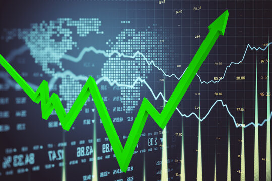 Digital Virtual Screen With Stock Data And Green Arrow.