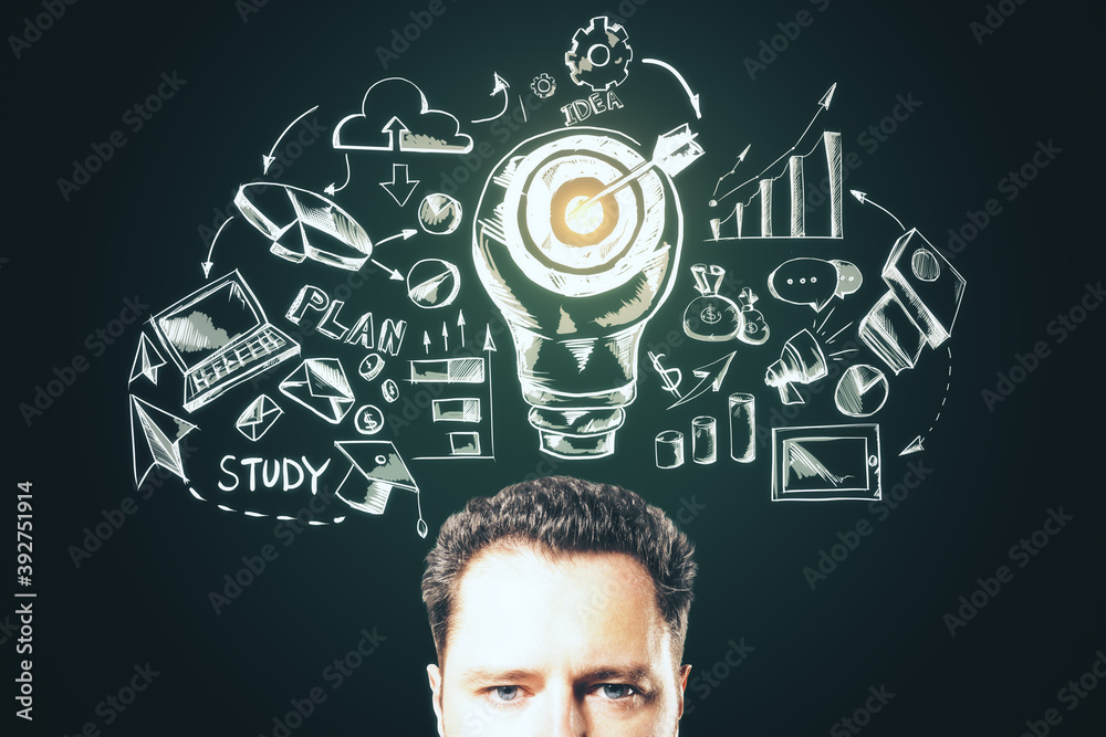 Sticker Thinking businessman with drawing business sketch