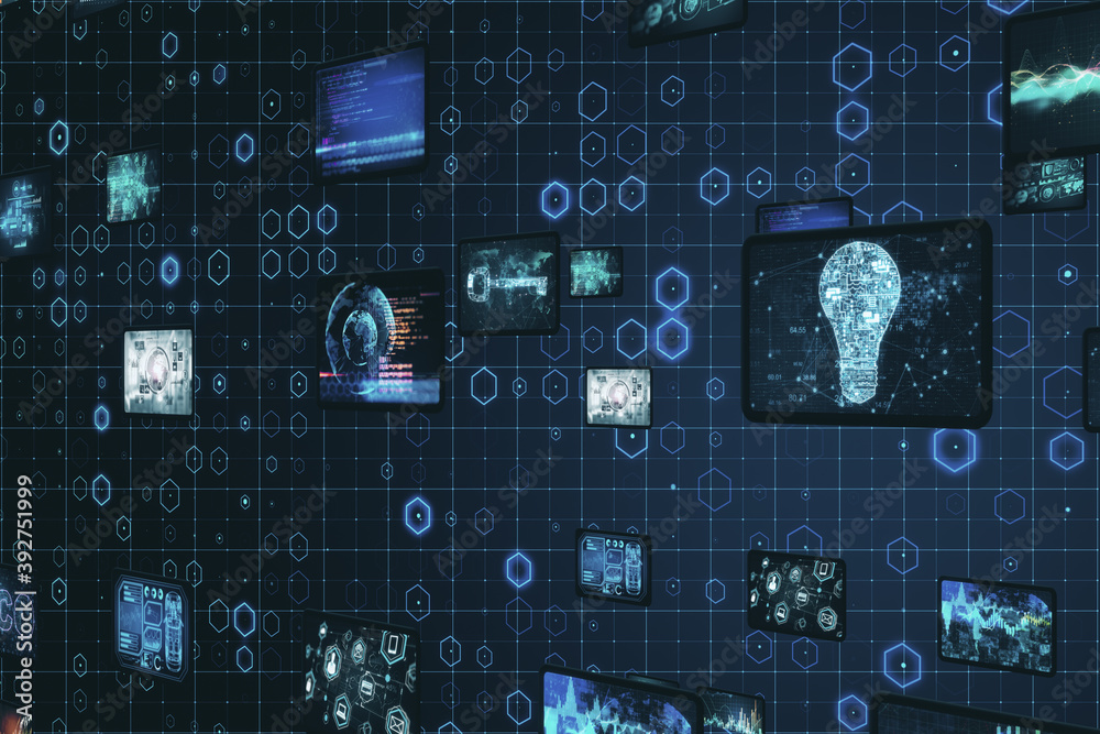 Poster glowing business and social network interface on digital screen