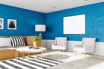 Living room interior with blank vertical placard on blue wall