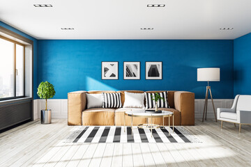 Luxury living room with couch,  three picture on blue wall