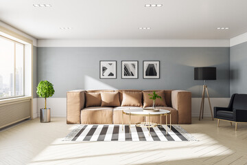 Living room interior design with brown sofa