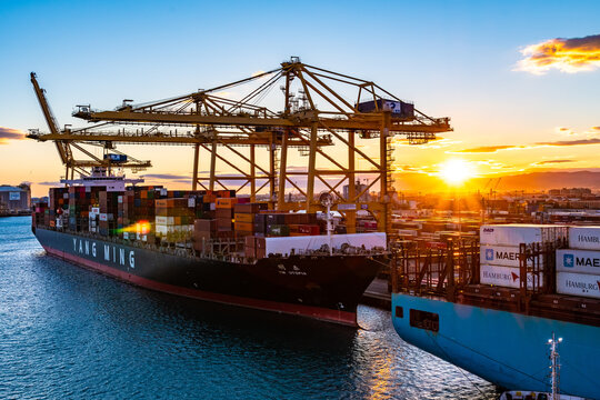 Barcelona, Spain - November 06 2018: Yang Ming YM Cargo Container Vessel Ship Docked At Barcelona Port/ Pier. Cranes Load/ Unload Bulk Freighter Merchant Containers At Shipping Terminal Dock Wharf.