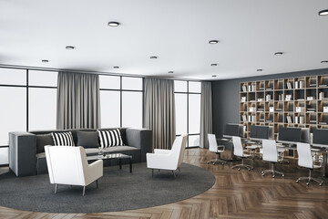 Clean workplace panoramic city view.