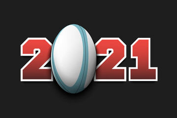 New Year numbers 2021 and rugby ball on an isolated background. Creative design pattern for greeting card, banner, poster, flyer, party invitation, calendar. Vector illustration
