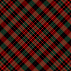 Diagonal tartan Christmas and new year plaid. Scottish pattern in red, green and black cage. Scottish cage. Traditional Scottish checkered background. Seamless fabric texture. Vector illustration