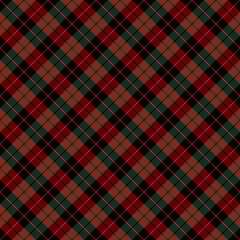 Diagonal tartan Christmas and new year plaid. Scottish pattern in red, green and black cage. Scottish cage. Traditional Scottish checkered background. Seamless fabric texture. Vector illustration