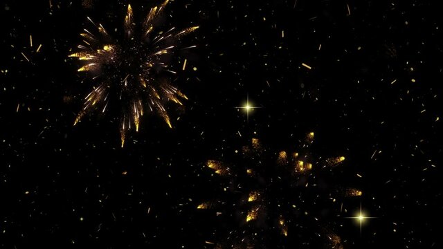 4K. Abstract blur of real golden shining fireworks with bokeh lights