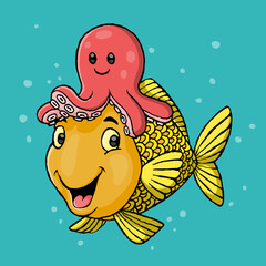 Fish with octopus hat ,hand drawn