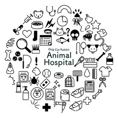 円形でモノクロの動物病院関連のアイコンセット