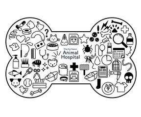 ホネの形のモノクロの動物病院関連のアイコンセット