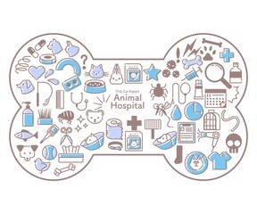 ホネの形の水色と青の動物病院関連のアイコンセット
