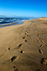 Footsteps in the sand on a California beach with waves crashing in the background.