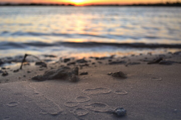 Fototapeta na wymiar Huellas de gotas en la arena al atardecer en el costa del río