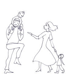 Family playing with children, graphic linear drawing on white background