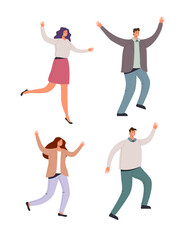 Fototapeta na wymiar Happy smiling office workers dancing and jumping on white isolated background, vector flat cartoon graphic design illustration set