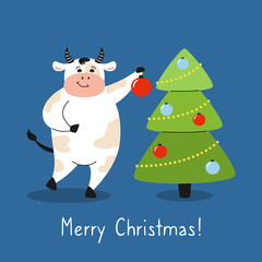 Greeting Christmas card, bull and tree with decorations and ball. New Year symbol cartoon cow, buffalo or calf. Merry Christmas and happy New Year. Hand drawn animal character holidays vector