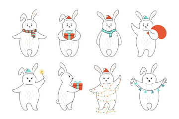 Christmas rabbit line cartoon set. Outline cute hare with red hat, gift, garland. New Year animal coney in different poses. Funny animals winter celebrate