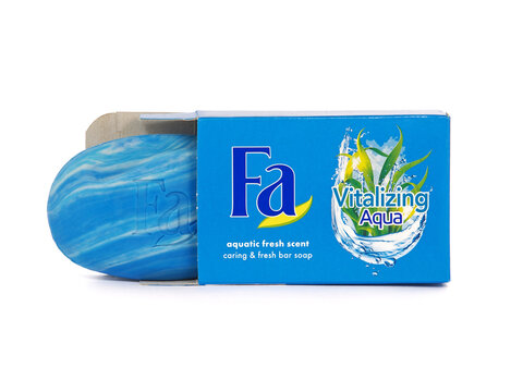 BUCHAREST, ROMANIA - OCTOBER 20, 2018. Fa Vitalizing Aqua soap bar with plant extract. Fa is a brand owned by Henkel AG