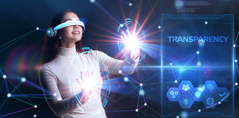 Naklejka premium Business, Technology, Internet and network concept. Young businessman working on a virtual screen of the future and sees the inscription: Transparency