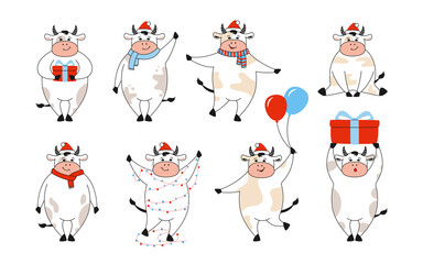 Christmas set bull year symbol. Collection of farm animals witn gift, red hat, garland. Hand drawn cartoon cow, Buffalo or calf. Happy New year merry Christmas. Animal holidays vector white background
