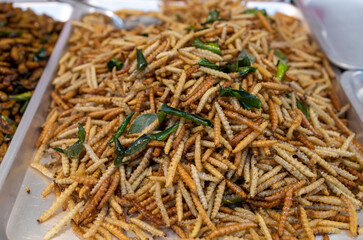 Thai street food snack, fried larvae